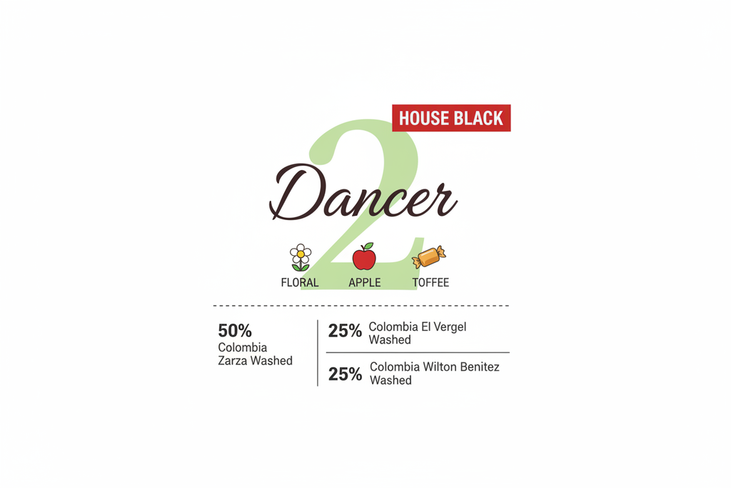 Dancer 2 coffee blend label with floral, apple and toffee tasting notes