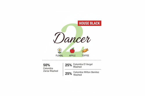 Dancer 2 coffee blend label with floral, apple and toffee tasting notes