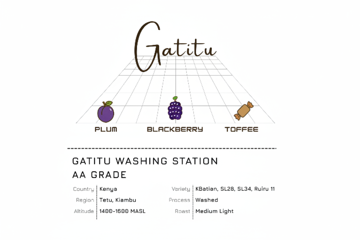 Gatitu Kenya AA coffee label with plum, blackberry and toffee tasting notes